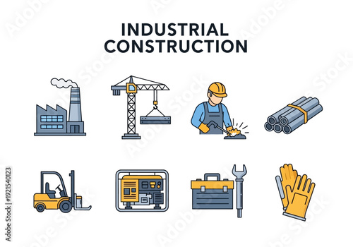 Industrial construction and machinery icons collection, illustrating building and manufacturing processes