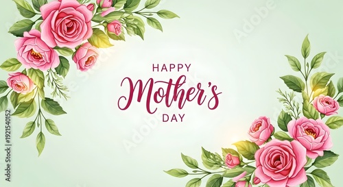 Happy mother's day wishes with beautiful roses and leaves a greeting card