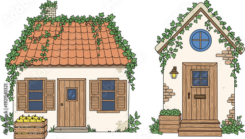 Cute countryside cottages with wooden doors ivy and tiled roof rustic house flat vector illustration