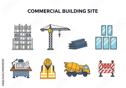 Various construction elements and equipment at a commercial building site