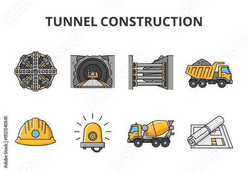 Tunnel Construction and Heavy Machinery Icons Set
