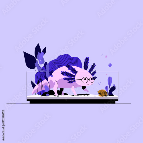 Curious Axolotl in Minimal Aquarium Scene