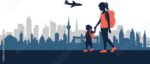 Mother and daughter with backpacks walking toward city skyline