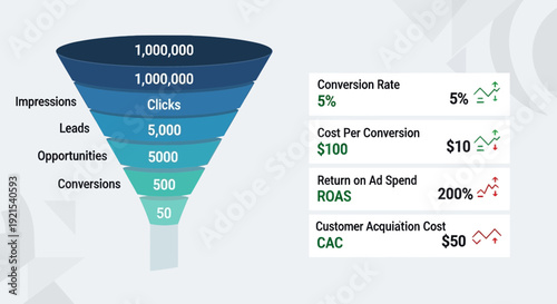 Marketing Funnel Visualization with Conversion Metrics and Key Performance Indicators.