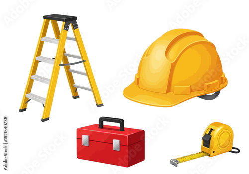 Construction tools including a ladder, hard hat, toolbox, and measuring tape