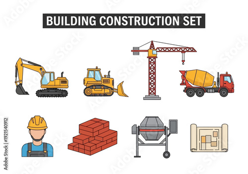 Building Construction Set featuring excavator, bulldozer, crane, concrete mixer, blueprint, and worker