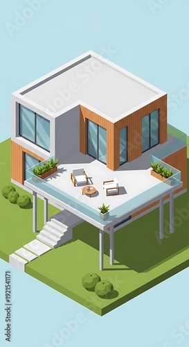 Modern house with elevated patio area.