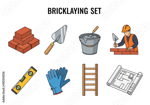 Construction worker with tools and building materials, bricklaying set illustration