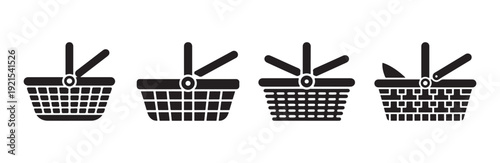 Picnic basket set icon collection with different textures and handle positions in black color