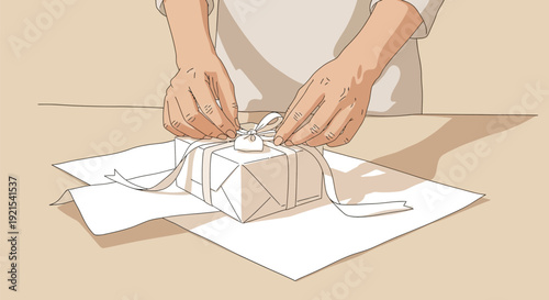 Person wrapping a white gift box with a ribbon on a table