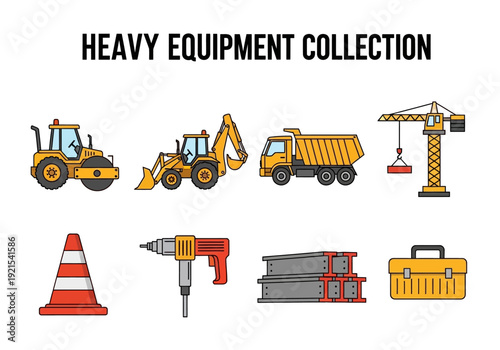 Collection of construction vehicles and building materials illustrations on a white background