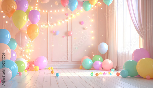 Empty bright room decorated with colorful pastel balloons and glowing fairy lights for a celebration.