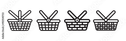 Minimal outline picnic basket icons showing various weaving patterns and handle orientations
