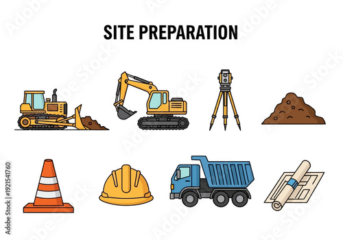 Construction Site Preparation Equipment and Tools Illustration
