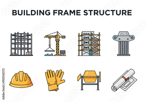 Construction Building Frame Structure Icons Set, Crane, Helmet, Mixer, and Column