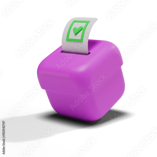 3d rendered of Cute pink Ballot box and Ballot papers check on transparency background.