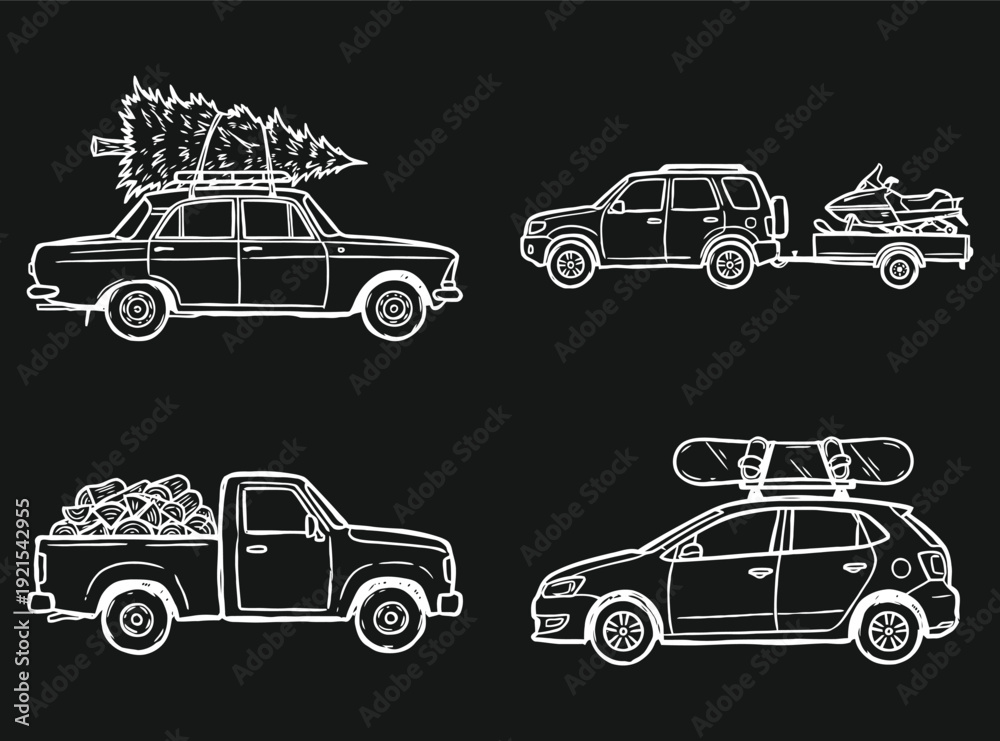 Fototapeta premium Chalk Sketch Winter Transport & Holiday Vehicles
