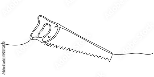 Continuous line drawing of wood saw.one line drawing of carpenter equipment saw, Hand saw continuous line drawing. Home tool for cutting wood. Simple hand drawn style vector design element.