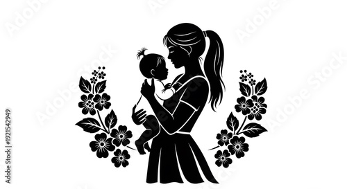 Happy mother's day illustration of loving mom holding baby
