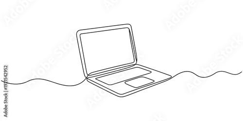 Continuous one line drawing of an open laptop computer on a white background, symbolizing digital technology, work, education, and online connection. Vector, illustration