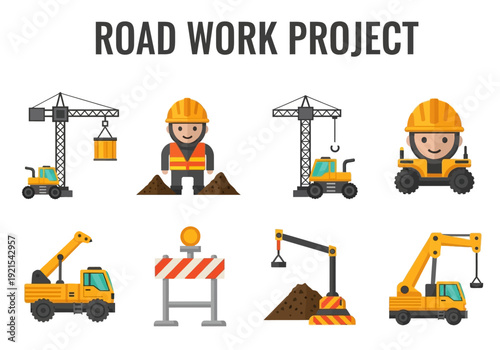 Road construction and infrastructure development project with heavy machinery and construction workers