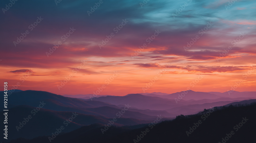 Obraz premium Vibrant Sunset Over Misty Mountain Ridges in Layers