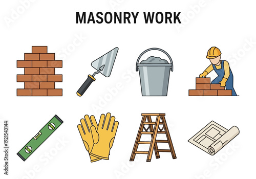 Collection of masonry tools and construction elements, illustrating the craft of bricklaying and building services
