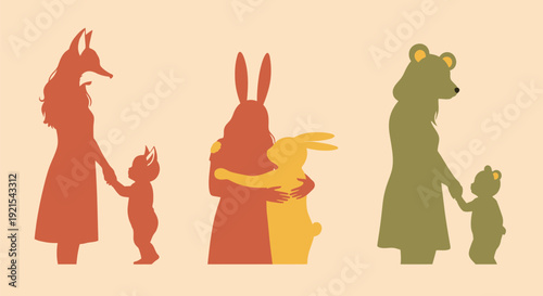 Silhouette illustration of animal mothers with their offspring