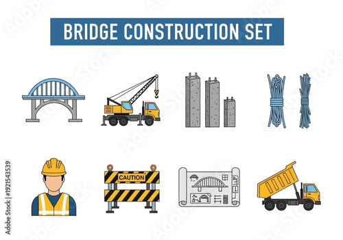 Illustrative Icons of Bridge Construction Elements and Equipment
