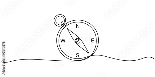 Travel compass continuous one line drawing, minimalist line art vector illustration, Magnetic compass continuous one line drawing. Land, sea, navigation, geography compass single line art illustration