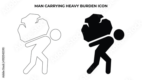 Stickman Carrying Heavy Boulder Burden Icon Vector Illustration