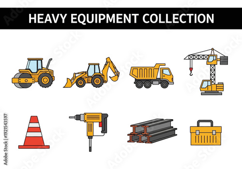 Collection of heavy construction and industrial equipment including trucks, excavators, cranes, and tools