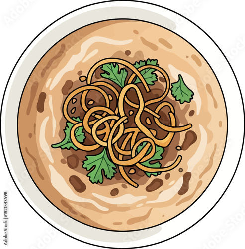 Delicious bowl of noodles with fresh herbs and savory sauce