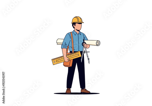 Illustration of a male engineer wearing a hard hat carrying blueprints and tools