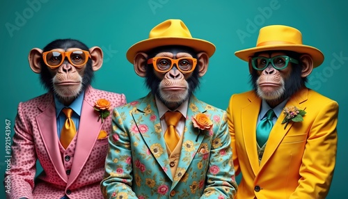 Three chimpanzees wear vibrant suits and hats with colorful glasses. They pose formally against a teal backdrop, showing playful sophistication and fashion trends.