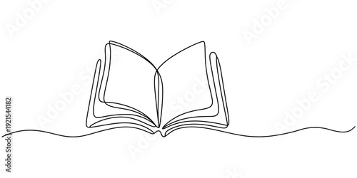 Opened book with flying page and stars in one continuous line drawing, symbolizing magic of reading, Continuous one line drawing of book opening vector graphic illustration. Education books line art
