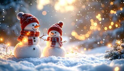 Two snowmen with red hats and scarves stand in a snowy scene, illuminated by fairy lights, with bokeh background