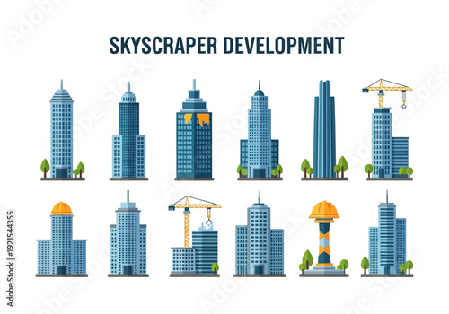 Collection of modern skyscrapers and construction cranes representing city development and urban growth