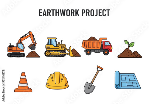 Collection of construction and earthwork project elements including heavy machinery and safety equipment