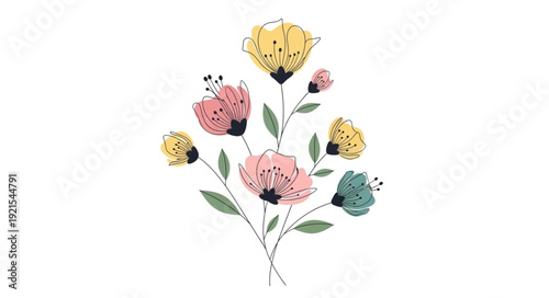 Watercolor Flowers Pink Yellow Green.