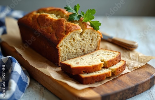 Freshly baked banana bread loaf served on wooden board. Sliced sweet pastry with green leaf garnish. Knife rests on parchment paper beside loaf. Rustic kitchen food prep.