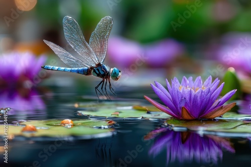 Dragonfly hovering above a water lily in a tranquil garden setting during early morning