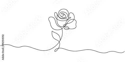 Rose one line drawing. Abstract flower continuous line. Minimalist contour drawing of rose . Continuous line drawing of flower rose . Hand drawn sketch of flower with leaves.