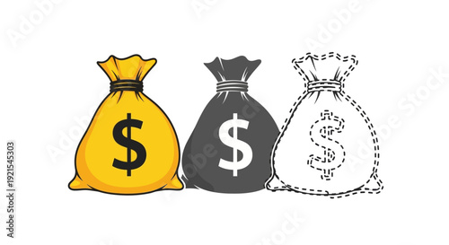 Three Money Bags with Dollar Signs Isolated White Background, Wealth and Savings Financial Concept Icons