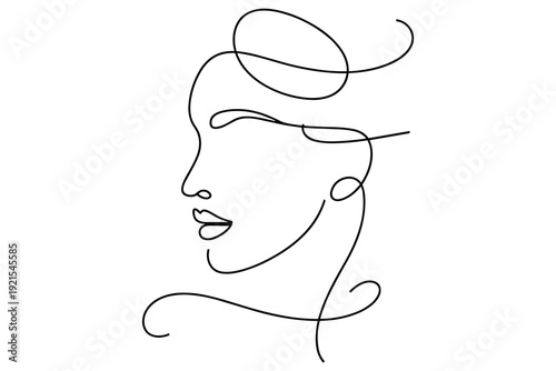Minimalist Continuous Line Drawing of Woman's Profile with Hair Bun Elegant Abstract Face Art Stock Vector