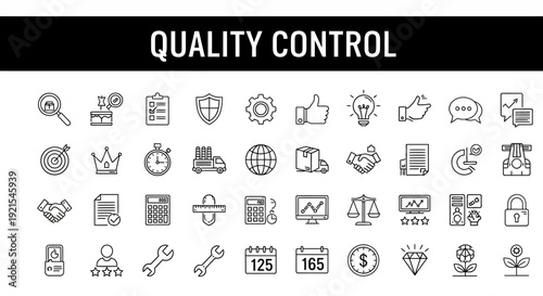 Collection of Quality Control and Assurance Line Icons on Bright Studio Background