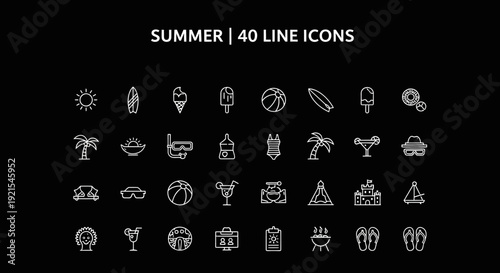 Summer Vacation and Holiday Line Icons Set on Solid Black Background