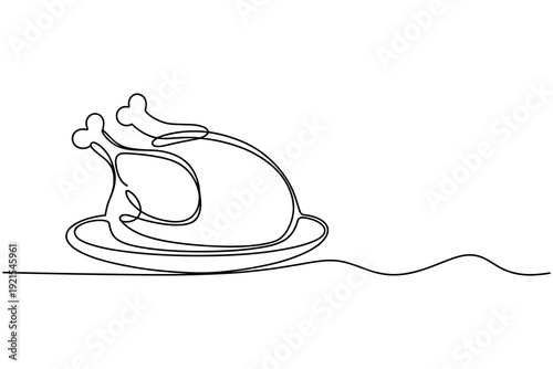 Roasted Chicken on Plate Continuous Line Drawing Minimalist Stock Illustration