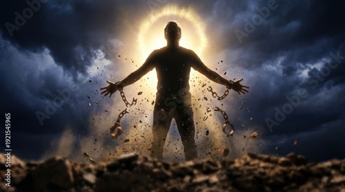 Man breaking spiritual bondage chains with power in battle against addiction concept. A figure breaking free from chains, symbolizing liberation and power.