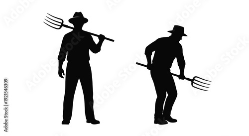 Silhouettes of two farmers carrying pitchforks against a white background